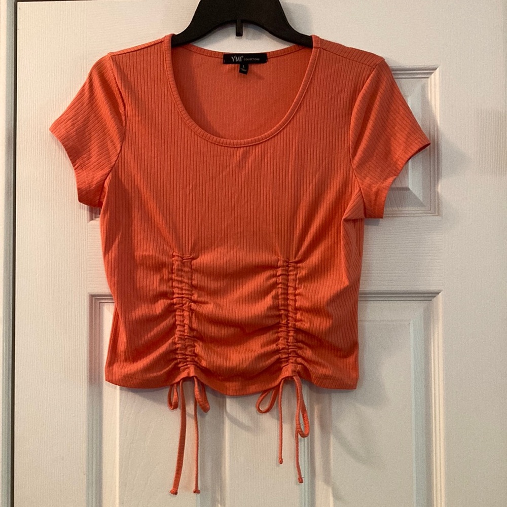 YMI Coral Ruched Tie Front Crop T-Shirt